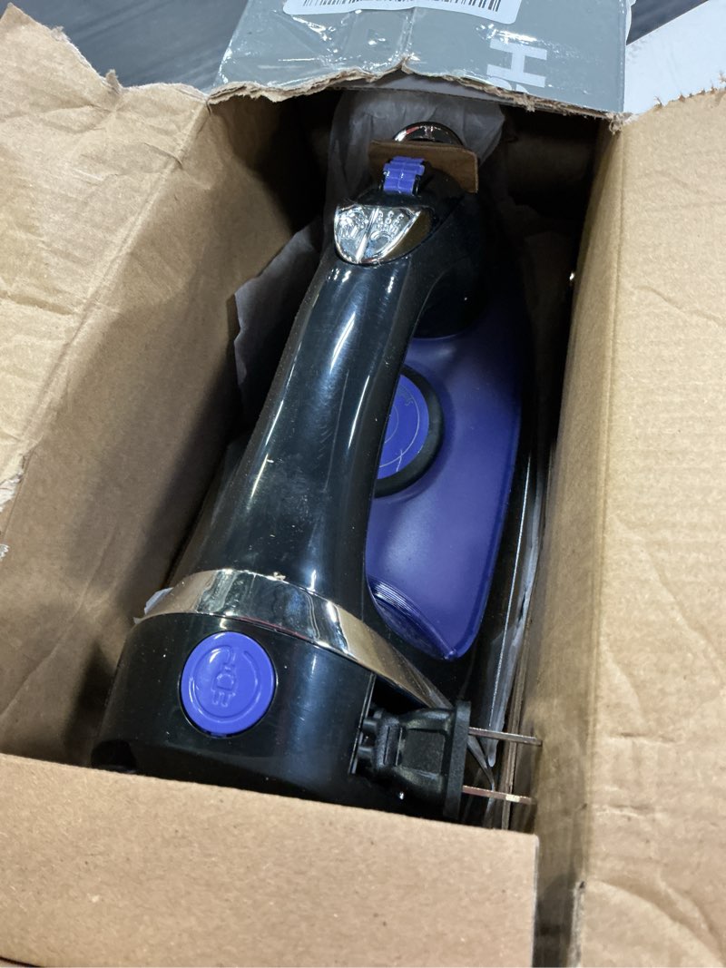 Condition photo showing As Is for hamilton beach steam iron for clothes & garment steamer with smooth press stainless steel soleplate, 1200 watts, 8’ retractable cord, black (14214)