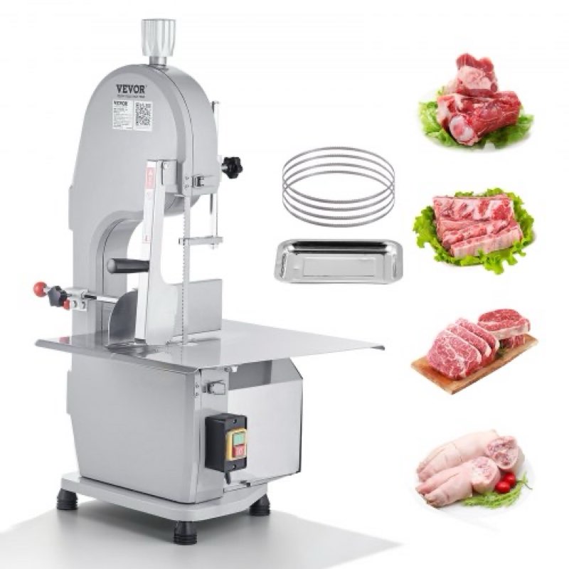 vevor commercial electric meat bandsaw, 1500w stainless steel countertop bone sawing machine, workbeach 19.3" x 15", 0.16-7.9 inch cutting thickness, frozen meat cutter with 6 blades for rib pork beef