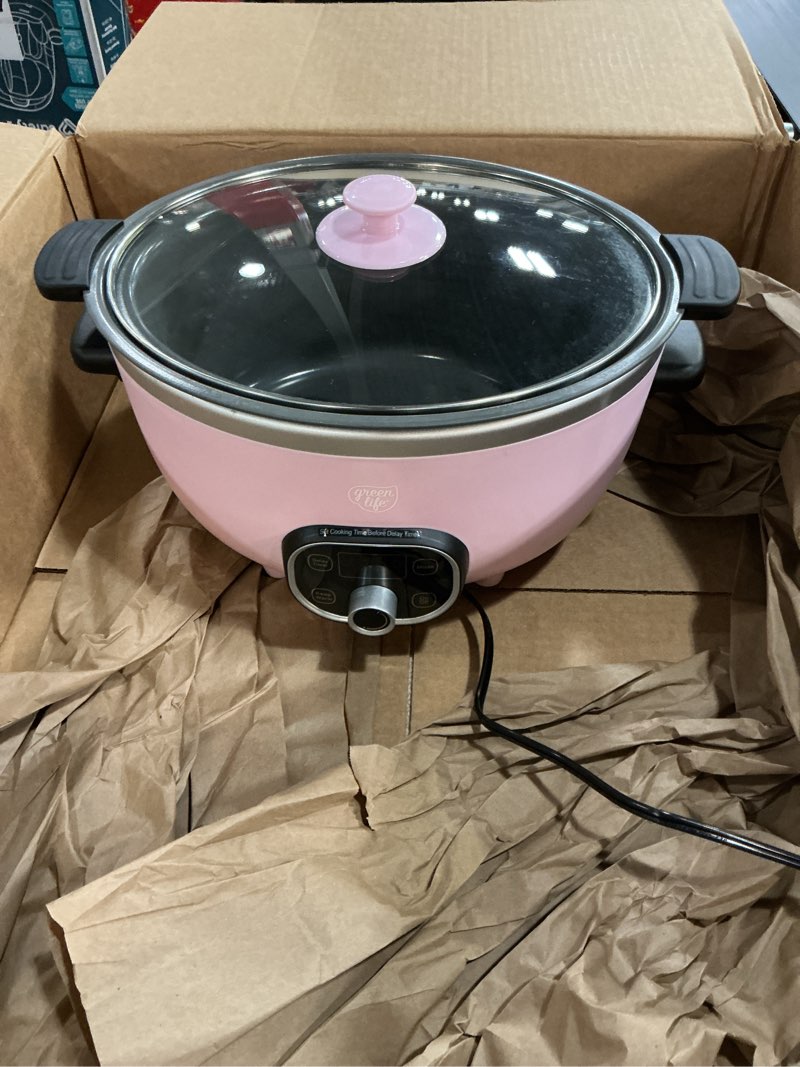 Condition photo showing As Is for greenlife 6qt slow cooker, non-toxic pfas-free ceramic nonstick removable interior bowl, programmable, family friendly, keep warm, stovetop & oven safe, dishwasher safe crock, timer, glass lid, pink