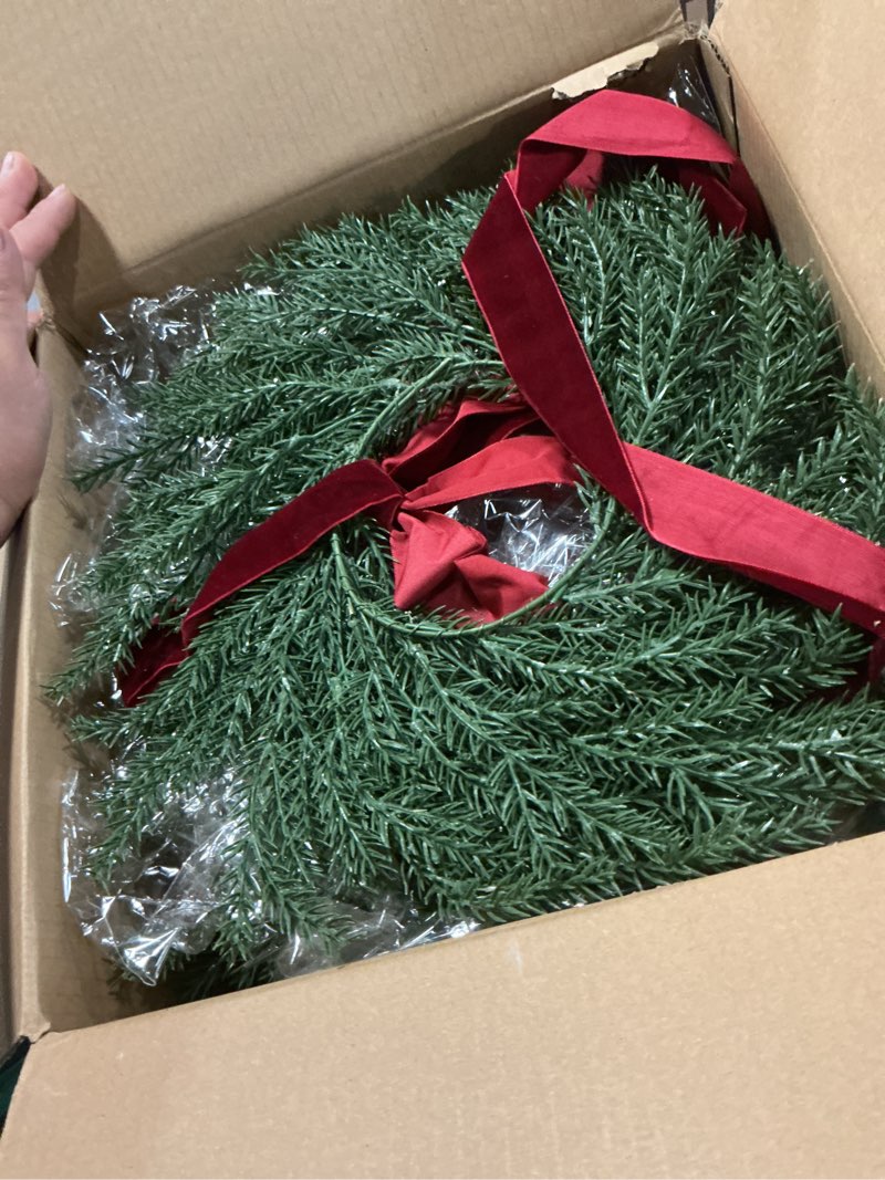 Condition photo showing Good Condition for wbhome 18" norfolk pine wreath for front door, real touch norfolk pine wreath artificial green wreath greenery realistic wreath holiday decoration for indoor outdoor, 2 pack