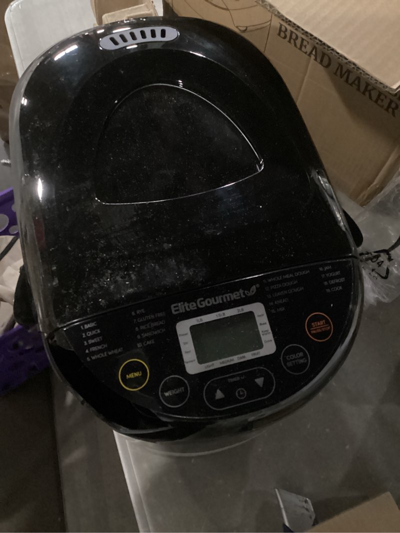 Condition photo showing New/Like New for elite gourmet programmable bread maker, 2 lb loaf, 3 sizes, 19 presets incl. gluten-free, dough & jam, delay timer, black