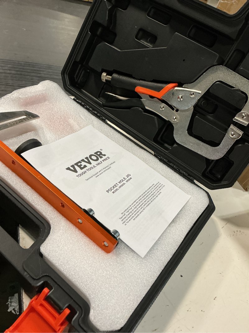 Condition photo showing New/Like New for vevor pocket hole jig kit, 1/2 to 1-1/2 in adjustable, jig pocket hole system with toolcase, c-clamp, step drill, hex wrench, drill stop ring, square drive bit, reinforced metal frame, for woodworking pro set orange