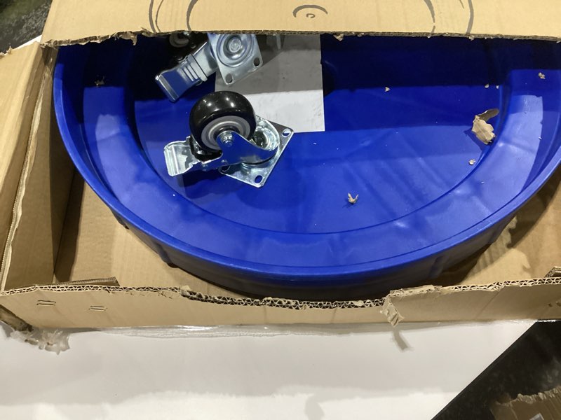 Condition photo showing Good Condition for ELAFROS 30 Gallon and 55 Gallon Heavy Duty Plastic Drum Dolly – Durable Plastic Drum Cart 900 lb. Capacity- Barrel Dolly with 5 Swivel Casters Wheel, Blue, with Brake