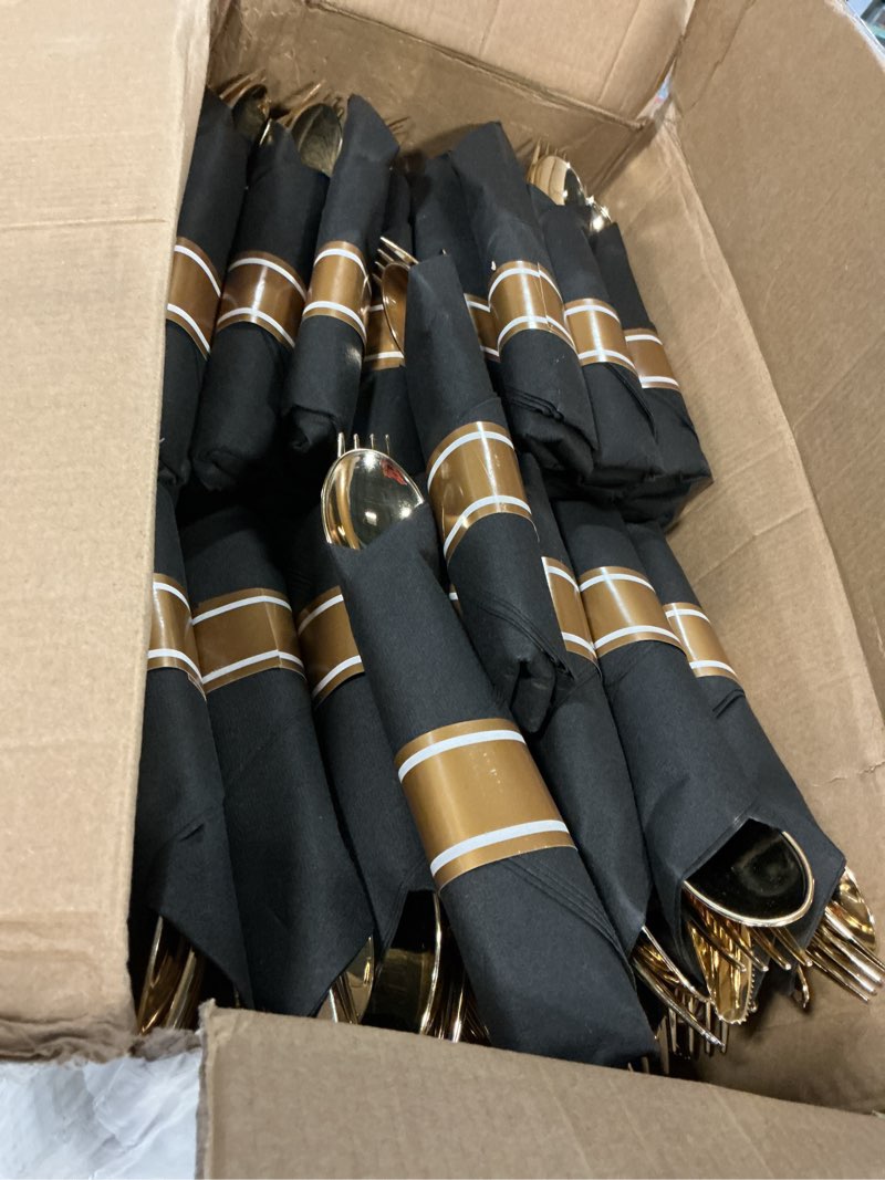 Condition photo showing Good Condition for supernal 120pack pre rolled silverware set, wrapped disposable silverware set, disposable utensils includes 120 plastic forks and spoons, 120 plastic knives, 120 napkins for wedding, birthday, party 120 pack black and gold