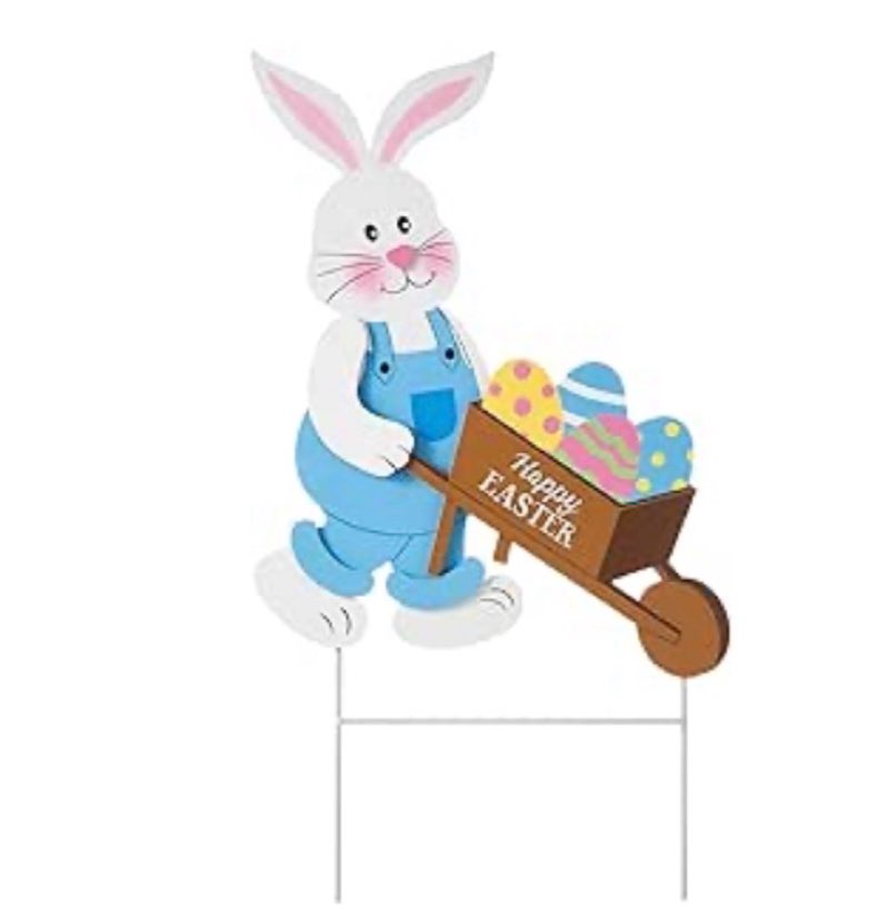 Glitzhome Easter Yard Signs Decorations Outdoor 30\" H Wooden Easter Bunny Cart Yard Stakes Hanging Wall Decors Standing Decorations (Similar to the stock photo) 