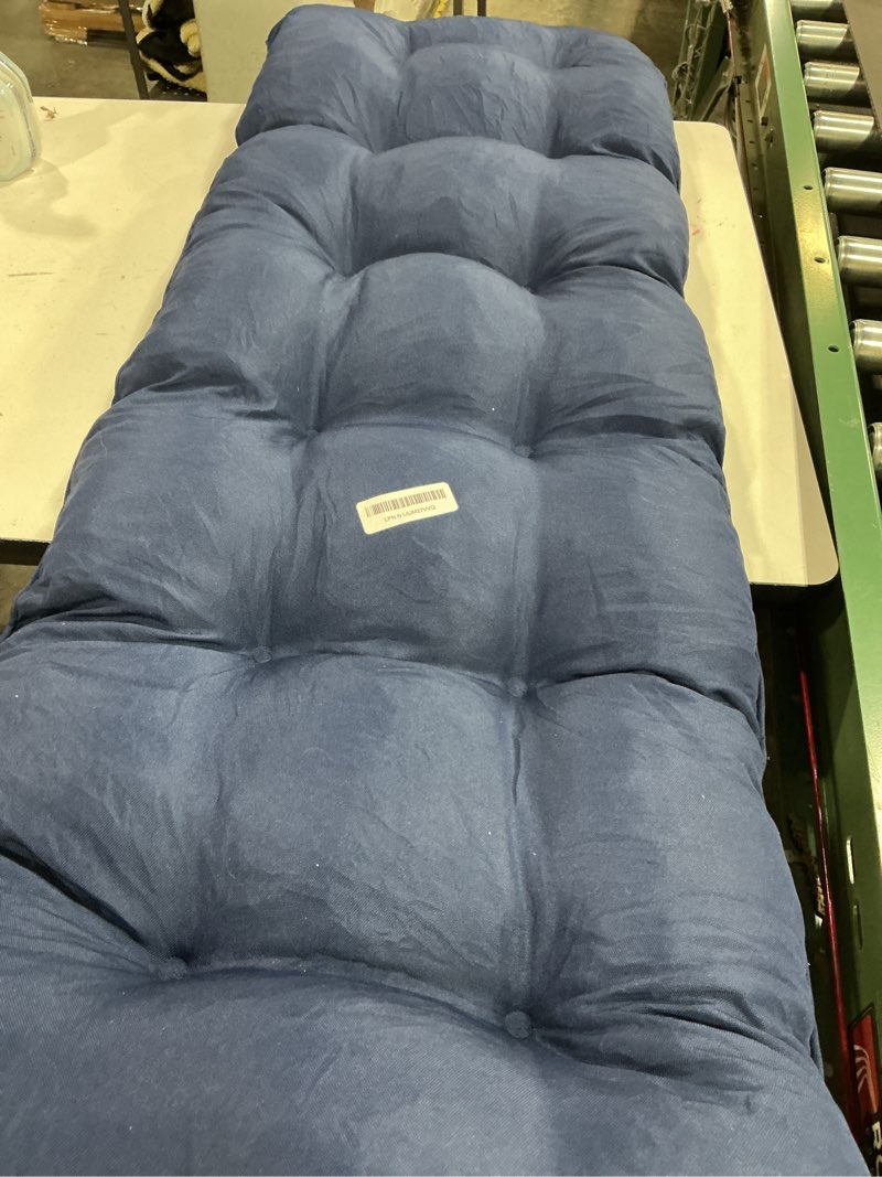 Condition photo showing As Is for Outdoor Bench Cushion, 59x18x5 Inch, Waterproof Bench Cushion for Outdoor/Indoor Furniture, Tufted Patio Bench Seat Cushion, Fade Resistant Outdoor Cushions for Porch Swing Couch, Navy Blue Navy Blue 59x18x5 Inch