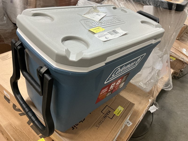 Condition photo showing As Is for coleman 316 series 62qt lakeside blue hard chest wheeled cooler; backyard, camping, beach, tailgate