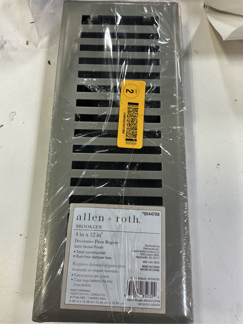 Condition photo showing Good Condition for allen + roth 4-in x 12-in maximum airflow steel satin nickel floor register