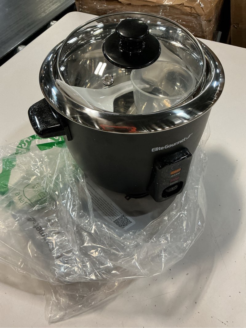 Condition photo showing As Is for elite gourmet erc006ss 6-cup electric rice cooker with 304 surgical grade stainless steel inner pot, makes soups, stews, porridges, grains and cereals, 6 cup (3 cups uncooked), black