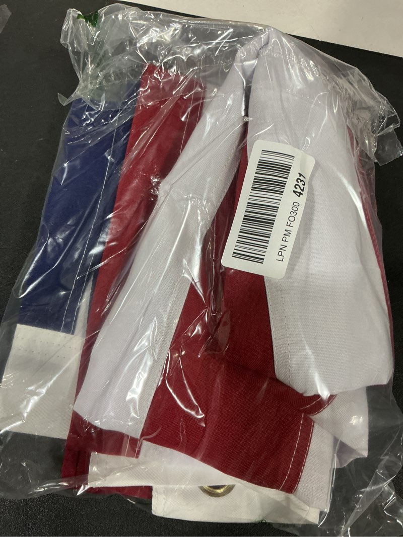Condition photo showing As Is for American Flag for Outside 4x6 FT, Deluxe Heavy Duty Spun Polyster, TearProof and Waterproof Super Tough Series, All Weather High Wind USA US Flag with Embroidered Stars, Sewn Stripes, Brass Grommets 4 by 6 FT
