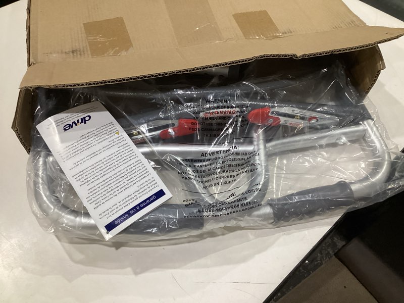 Condition photo showing As Is for Drive Medical Two-Button Folding Walker w/ Wheels - Lightweight Rolling Mobility Support - Desk Arms - Adjustable Height - Dual Push Operation - 5 Inch Front Wheels - Durable Aluminum - Silver 2-Button Walker