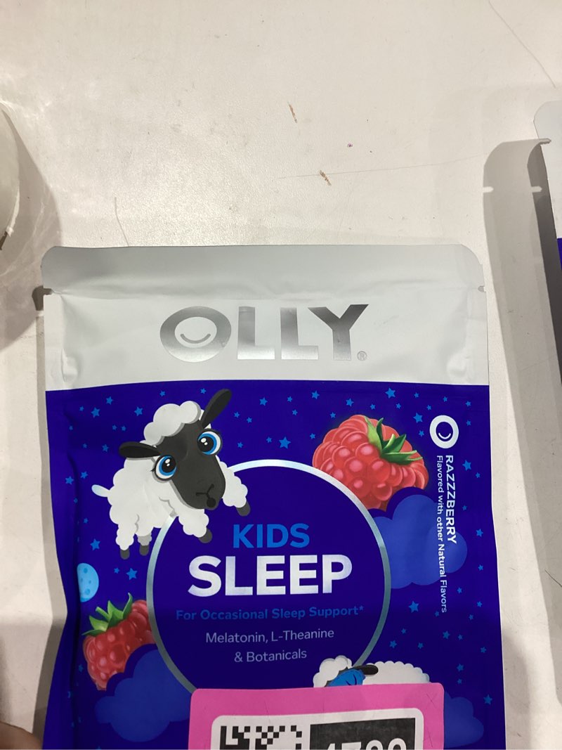 Condition photo showing New/Like New for OLLY Kids Sleep Gummy, 0.5mg Melatonin, L Theanine, Chamomile, and Lemon Balm, Childrens Chewable Supplement, Occasional Sleep Support, Raspberry - 60 Count Pouch 60 Count (Pack of 1)