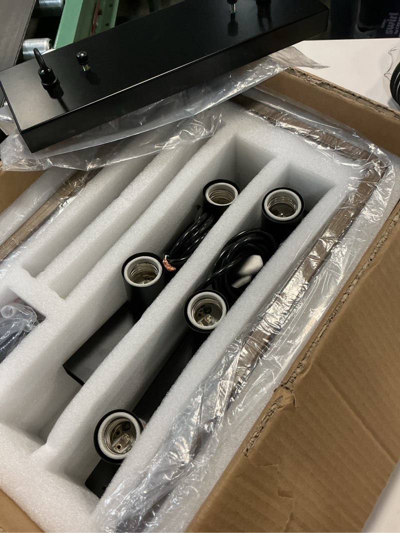 Condition photo showing Good Condition for WUZUPS 5-Light Metal Chandelier Imitation Wood Grain Linear Pendant Ceiling Lighting Rustic Farmhouse Fixture Kitchen Island Dining Room, H 8.5" L 31.5" W10, E26 Base, Black & Retro Wood Imitation Dark Wood Grain, Black, 5 Lights