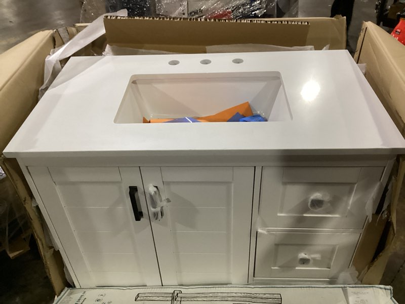 Condition photo showing As Is for allen + roth rigsby 36-in white undermount single sink bathroom vanity with white engineered