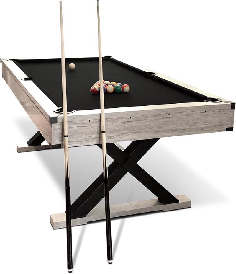 7 ft pool table, billiard table with 2 cue sticks, billiard balls, cues, cleaning brush, x-legs, black cloth, rustic grey, 84" l x 46.5" w x 32.7" h