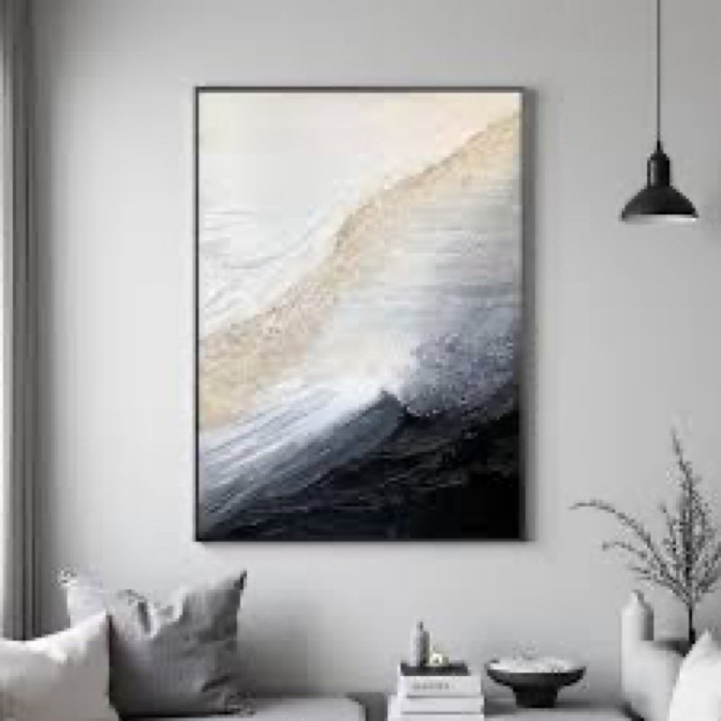 Hand Painted White and Black Seascape Oil Painting For Living Room, Large Framed Abstract Office Wal
