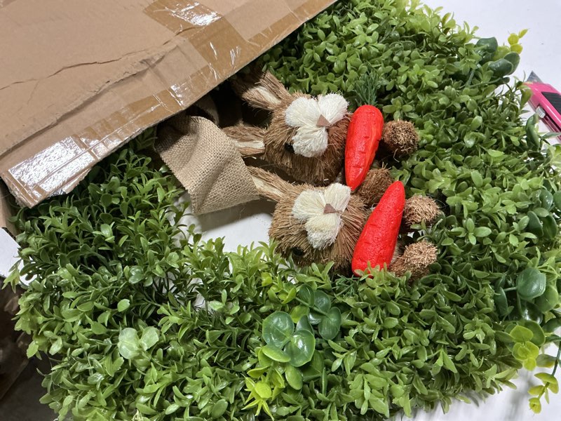 Condition photo showing Good Condition for 22" spring easter wreath for front door - easter bunny wreath - artificial green boxwood wreath with burlap bow & sisal bunnies - spring easter holiday decor for home door, porch, wall,window