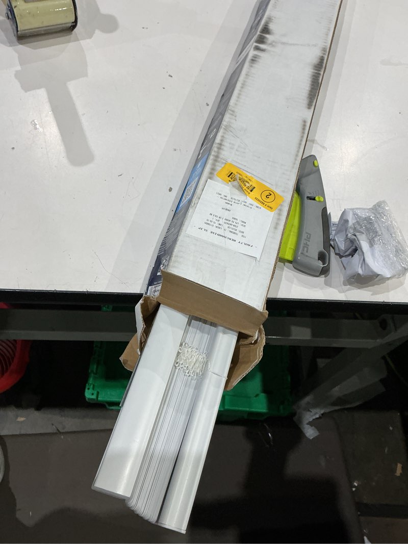 Condition photo showing As Is for project source 1-in slat width 46-in x 60-in cordless white vinyl room darkening mini-blinds