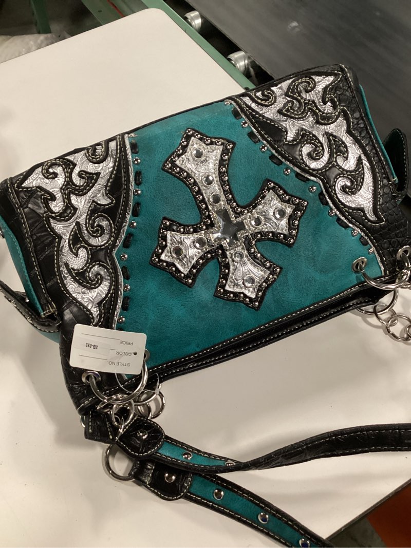 Condition photo showing Good Condition for laser cut premium rhinestone cross western embroidered handbag with matching wallet in 6 color