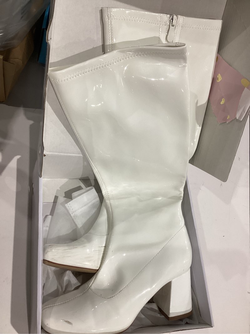 Condition photo showing Good Condition for DREAM PAIRS Women's Gogo Boots Square Toe Chunky Wide Calf Knee High Boots For Women 6.5 White/Patent/Pu