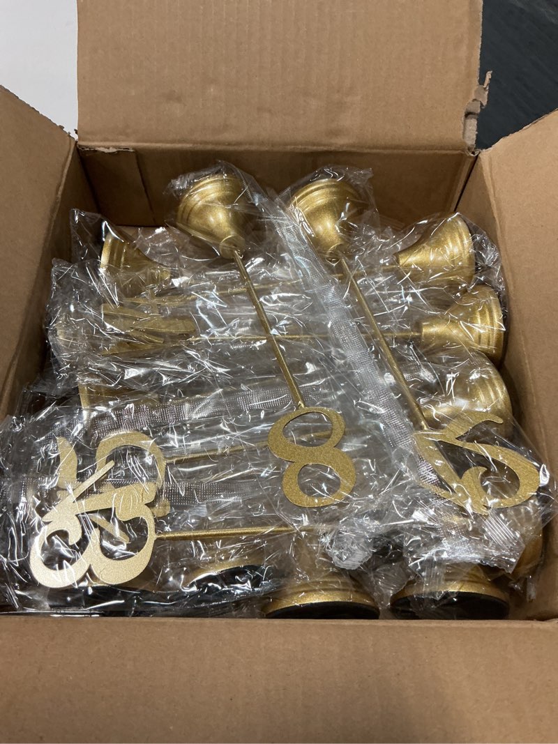 Condition photo showing New/Like New for maitys 15 pcs metal table numbers 1-15 with weighted base 8 inch table number stands for wedding reception, party, anniversary, birthday banquet(gold)