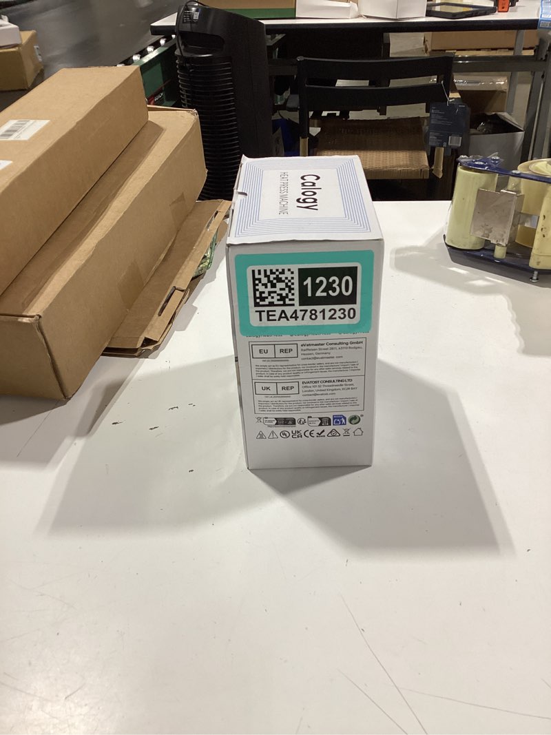 Condition photo showing New/Like New for calogy mini heat press, heat transfer machine, constant temp control, insulated safety base, fits for crafts, t-shirt, hat, cap, pillows (white green)