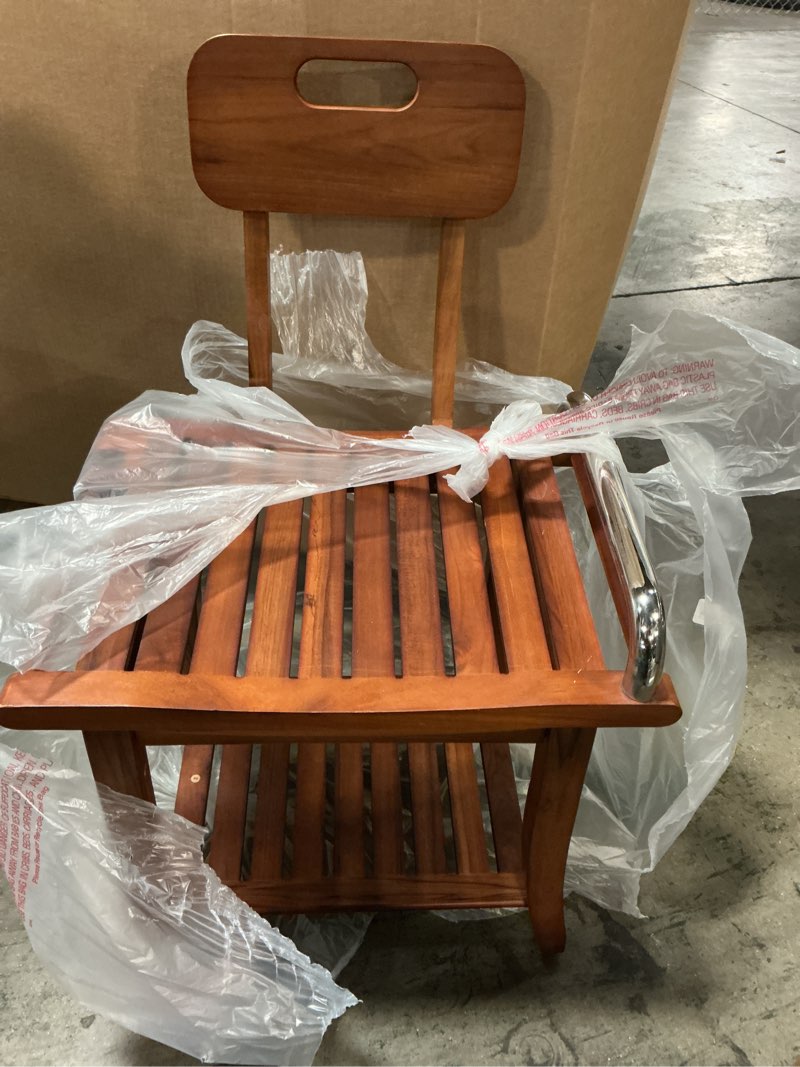 Condition photo showing As Is for Fun Memories Teak Shower Bench Seat with Handles and Backrest, 19" Solid Wood Shower Stool Waterproof Shower Seat with Storage for Inside Shower Legs Shaving, Seniors Elderly Heavy Duty Teak Bathroom Stool with Backrest 14"D x 19"W x 29"H