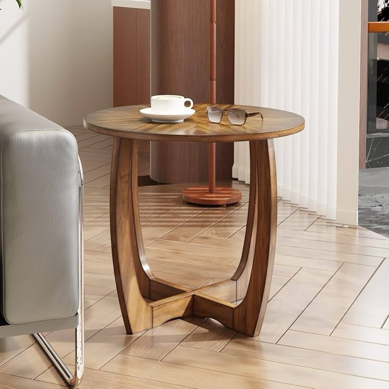 Solid Wood Round End Table with Splicing Top, Farmhouse Sofa Side Table, Beside Corner Table, Large 