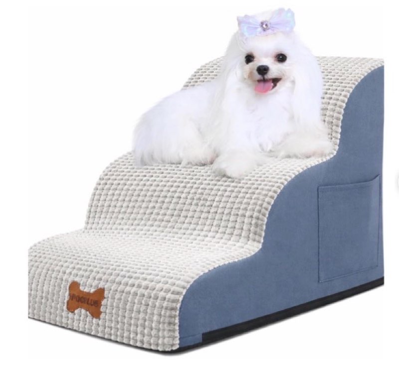 Dog Stairs for Small Dogs, Wide Pet Step with Removable Cover, No Assembly High Density Foam Cat Ramp for Bed or Sofa, 3-Step