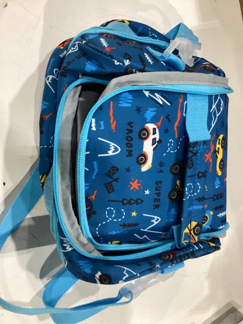 Condition photo showing New/Like New for insulated kids dual compartment lunch bags tote pack for girls boys toddler kindergarten school picnic food cooler boxes with shoulder strap (blue car)