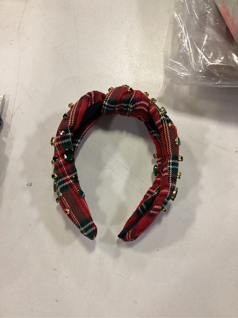 Condition photo showing Good Condition for boderier Christmas Headbands for Women Red Plaid Headband Jeweled Crystal Wide Knotted Headband Xmas Holiday Hair Accessories Gifts (Red Plaid)
