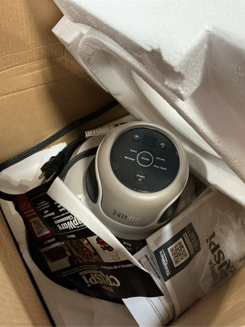 Condition photo showing As Is for ninja crispi 4-in-1 glass air fryer | 450°f | non-toxic | 4qt & 6-cup glass containers w/lids | microwave, freezer, dishwasher safe | max crisp, air fry, bake, recrisp | stone | fn101st stone 4 qt