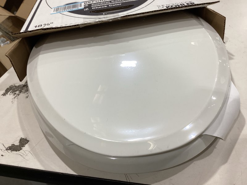 Condition photo showing New/Like New for kohler 4636-rl-0 cachet readylatch elongated slow close toilet seat, soft close toilet seat quiet lid, contoured grip-tight bumpers installation hardware, apartment essentials, white white elongated ready latch
