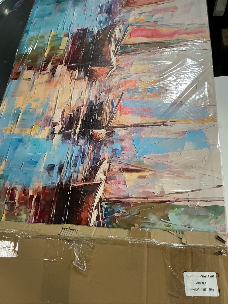 Condition photo showing New/Like New for colorful boats on water oil painting style wall art decor artwork for bedroom (30x60 inches) 30.00" x 60.00" colorful boats wall art (q803)