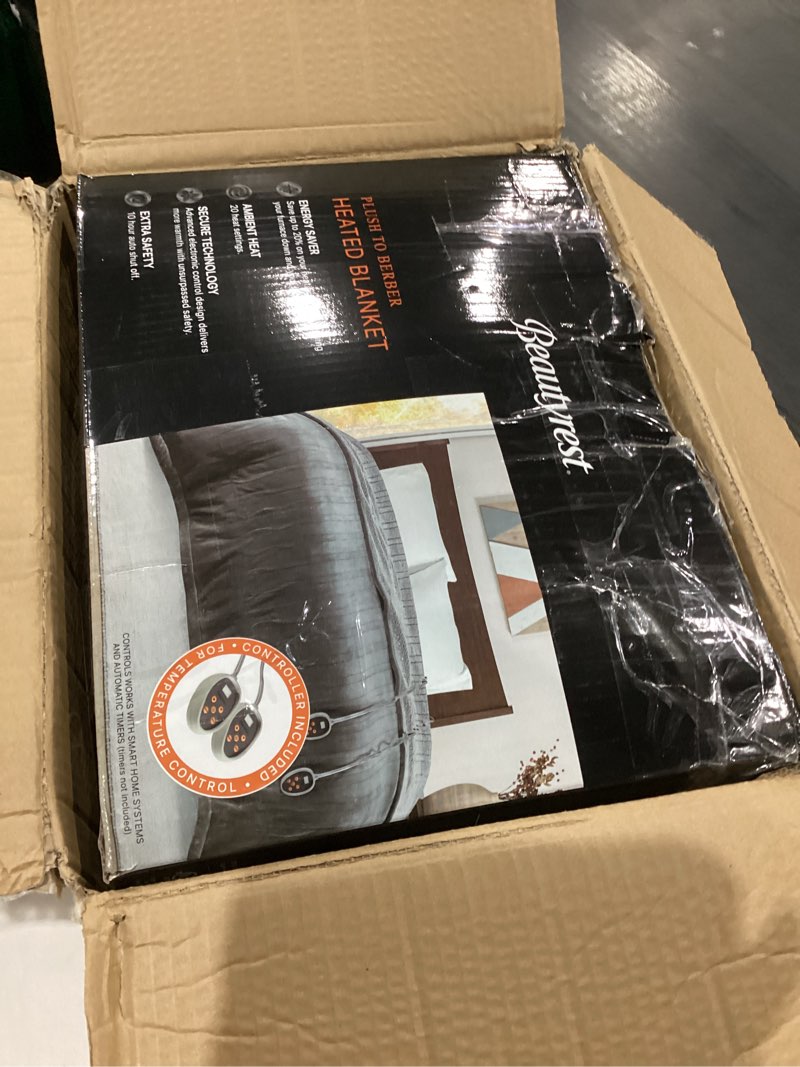 Condition photo showing As Is for Beautyrest Heated Blanket, Electric Blanket, Soft, Warm, Reversible Plush - Sherpa Heating Blanket with 20 Heat Settings, 1-10 hrs Timer Auto Shut Off, Machine Washable, Queen (90 inx84 in), Grey Grey Queen (90 in x 84 in)
