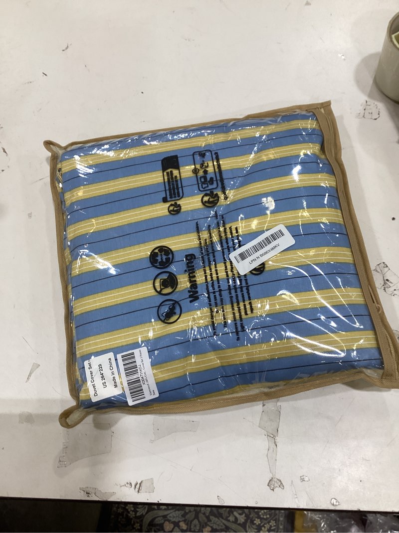 Condition photo showing New/Like New for Merryword 100% Cotton Duvet Cover Set King Size, Blue & Yellow Striped Bedding Set with Zipper Closure and 8 Corner Ties, Modern Coastal Style Comforter Cover Set 3 Pieces King Wide Stripes-blue/Yellow