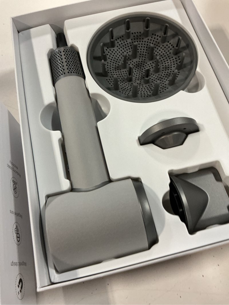 Condition photo showing New/Like New for hair dryer, 150000 rpm brushless motor with 500m negative ions, fast-dry lightweight design, thermocontrol & magnetic nozzle/diffuser, low noise salon blow dryer for all hair, travel, home gray