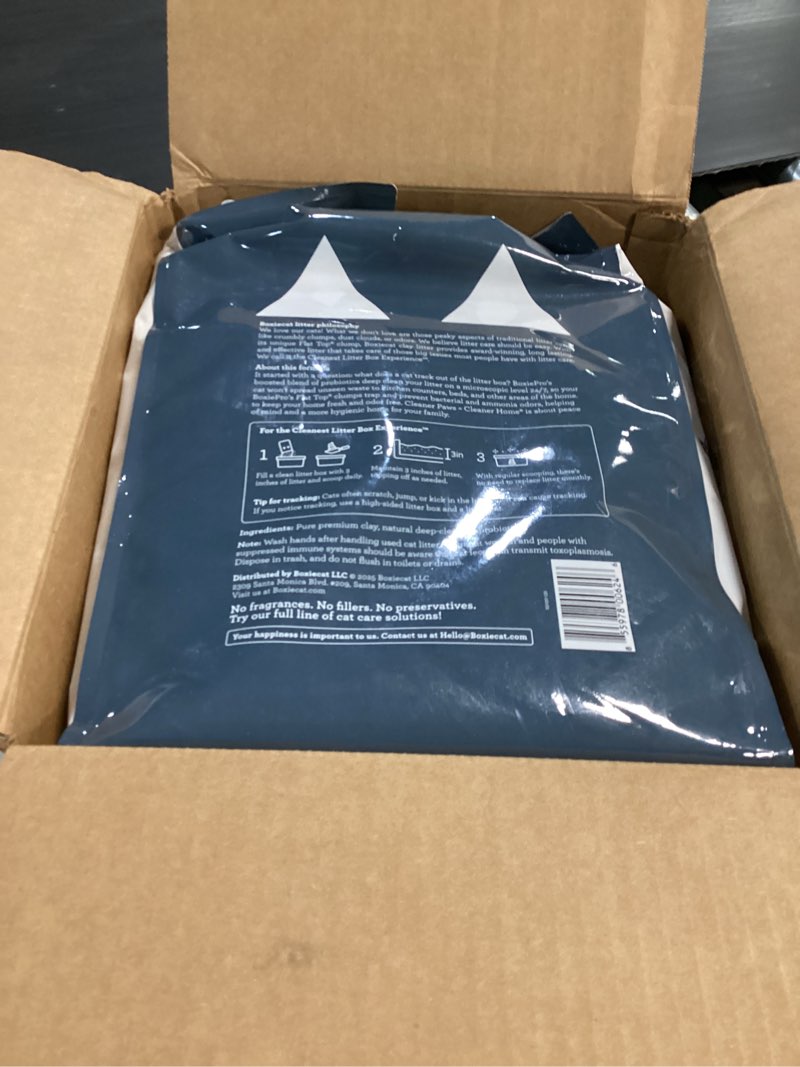Condition photo showing New/Like New for boxie probiotic cat litter, 40 day odor control, clumping clay kitty litter, odor eliminating probiotics, dust-free, no fragrances no fillers, 28 lb pro 28 lb