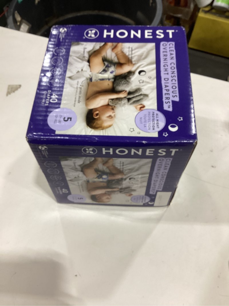 Condition photo showing New/Like New for The Honest Company Comfort Dry Disposable Overnight Diapers for Sensitive Skin, Hypoallergenic, Baby Cozy Cloud and Star Signs Design Club Box Size 5 (27 lbs) 40 Count Size 5 40