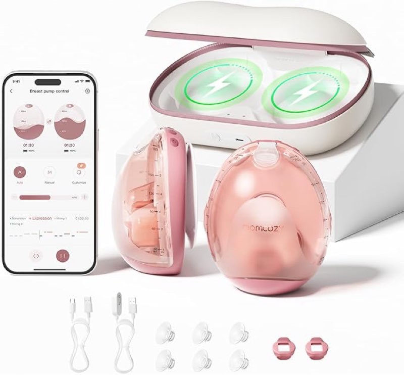 momcozy air 1 ultra-slim breast pump, hands-free wearable pump with wireless charging case & app control with auto mode & full-milk alert, industry-first transparent top for easy nipple alignment