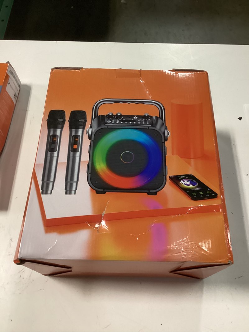 Condition photo showing New/Like New for karaoke machine, portable bluetooth speaker with 2 wireless microphones for adults & kids with lights, karaoke microphone with pa system supports usb/tf/fm/aux for home party home system packages black