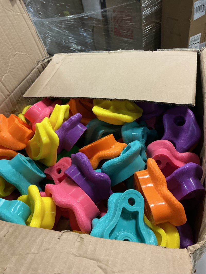 Condition photo showing Good Condition for meooeck 72 pcs kids rock wall climbing holds set colorful grips with mounting screws and hardware for diy indoor outdoor backyard playground play set christmas birthday gift(pastel color)