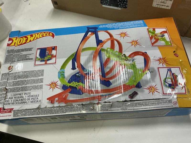 Condition photo showing As Is for hot wheels track set, epic crash dash with 5 crash zones, motorized booster and 1 hot wheels 1:64 scale toy car, easy storage (amazon exclusive)