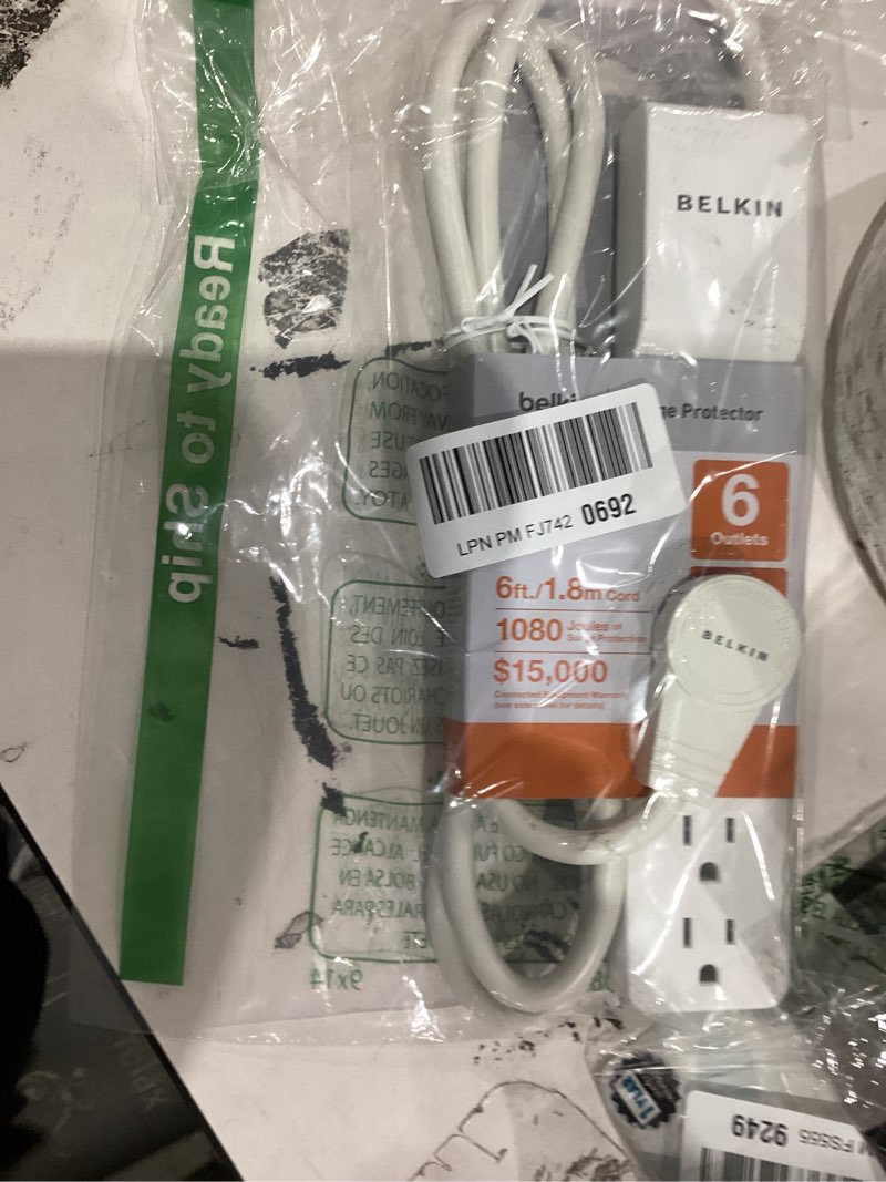 Condition photo showing As Is for Belkin 6-Outlet Surge Protector Power Strip, 6ft Cord, 360° Rotating Plug - 1080 Joules Protection 6 ft