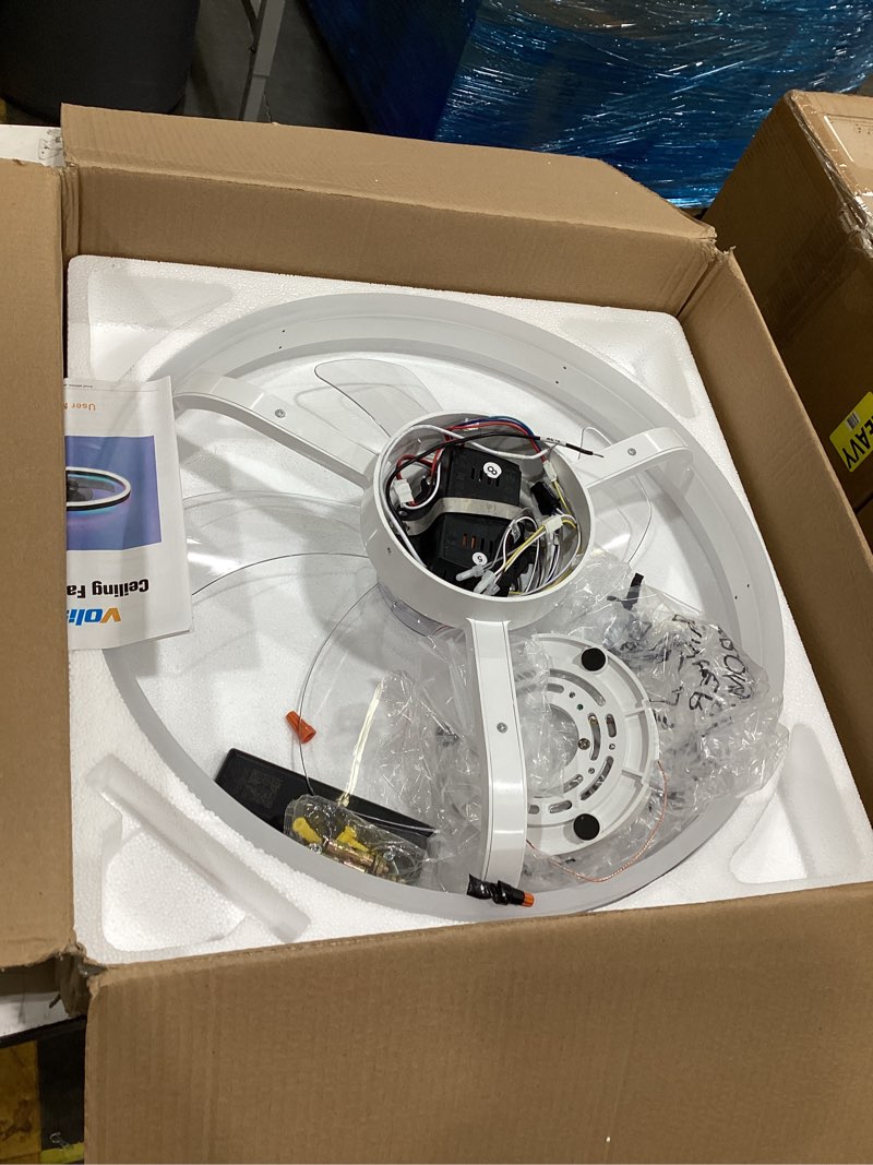 Condition photo showing As Is for volisun rgb ceiling fans with lights and remote, 20in low profile ceiling fans with lights flush mount, 3000k-6500k dimmable fandelier led fan light, white bladeless ceiling fans for bedroom white 20 inch