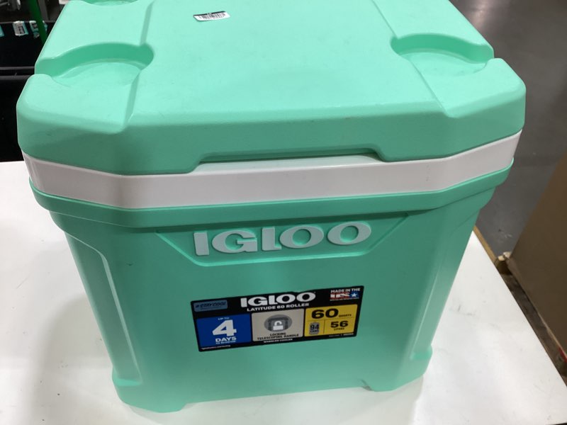 Condition photo showing As Is for igloo latitude 60qt rolling cooler - mint: hard-sided with cup holder & drain plug