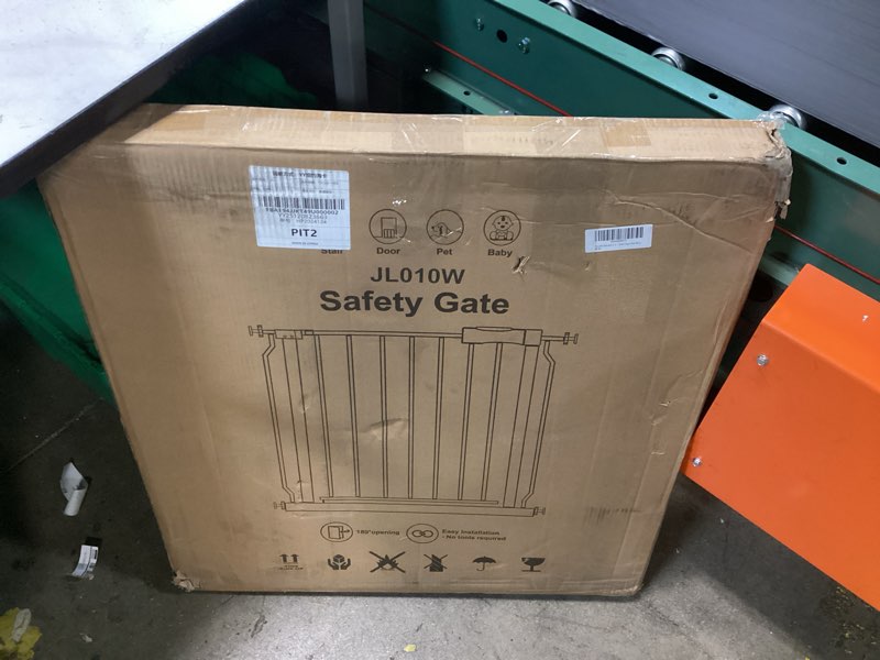 Condition photo showing New/Like New for extra wide baby gate 71.65-76.38 pressure mounted,child dog pet safety gates with walk through door for doorways stairs no drilling in door,white 71.65-76.38inch