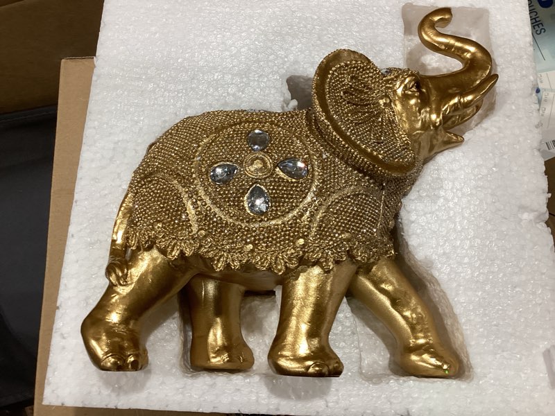 Condition photo showing Good Condition for auspicious elephant figurine - embodiment of fortune & abundance, antique gold-finished resin sculpture, feng shui wealth elephant statue, eleg home décor for living rooms, table centerpieces, shelves