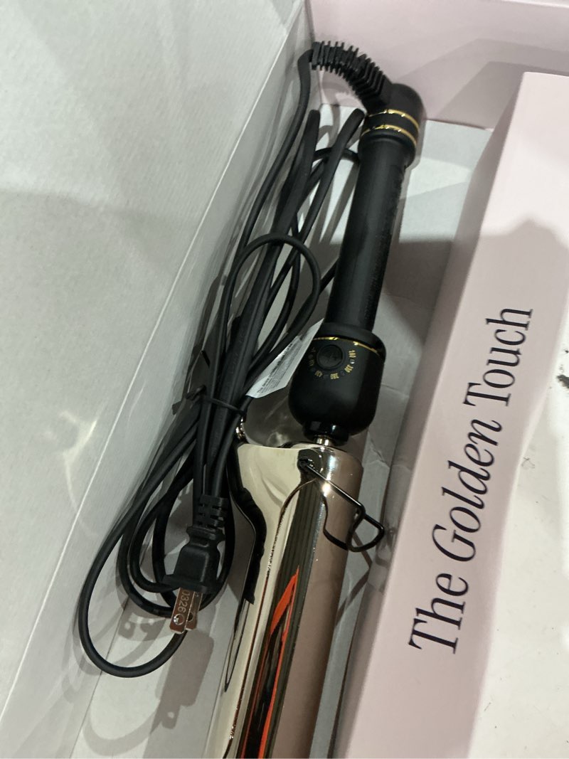 Condition photo showing As Is for hot tools new and improved 24k gold professional 1.5" extended barrel curling iron with clamp for loose curls | 24k gold technology for long-lasting results & longer barrel for easy styling