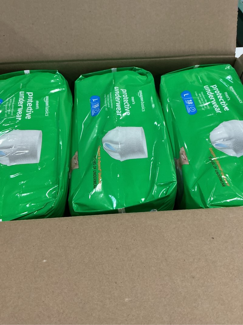 Condition photo showing New/Like New for Amazon Basics Incontinence Underwear for Men, Maximum Absorbency, Large, 54 Count (3 Packs of 18) Large 54.0